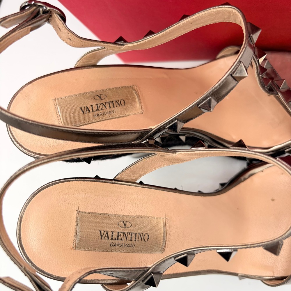 Valentino Rockstud Wedge Sandals 39.5 Gunmetal Metallic Espadrille Heels Box Bag - Picture 5 of 10
